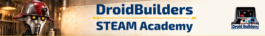DroidBuilders STEAM Academy workshop banner with Huyang on the left and the standalone DroidBuilders logo on the right.